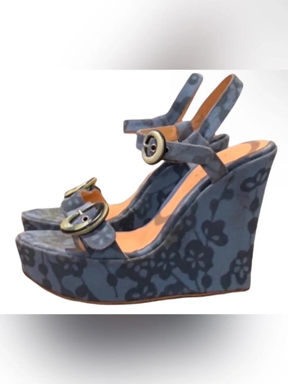 Authentic Sergio Rossi luxury designer denim blue floral canvas wedges sz 6.5